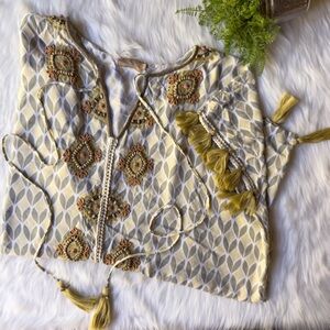 Skemo L Yellow Brown Beaded Mini Dress Cover Up Kimono Kaftan Dress Boho Tassel